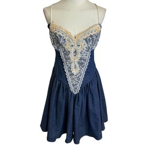 Vintage‎ 1980s Loralie Denim Jean Mini Dress Size 10 Lace Beaded Sequins Country